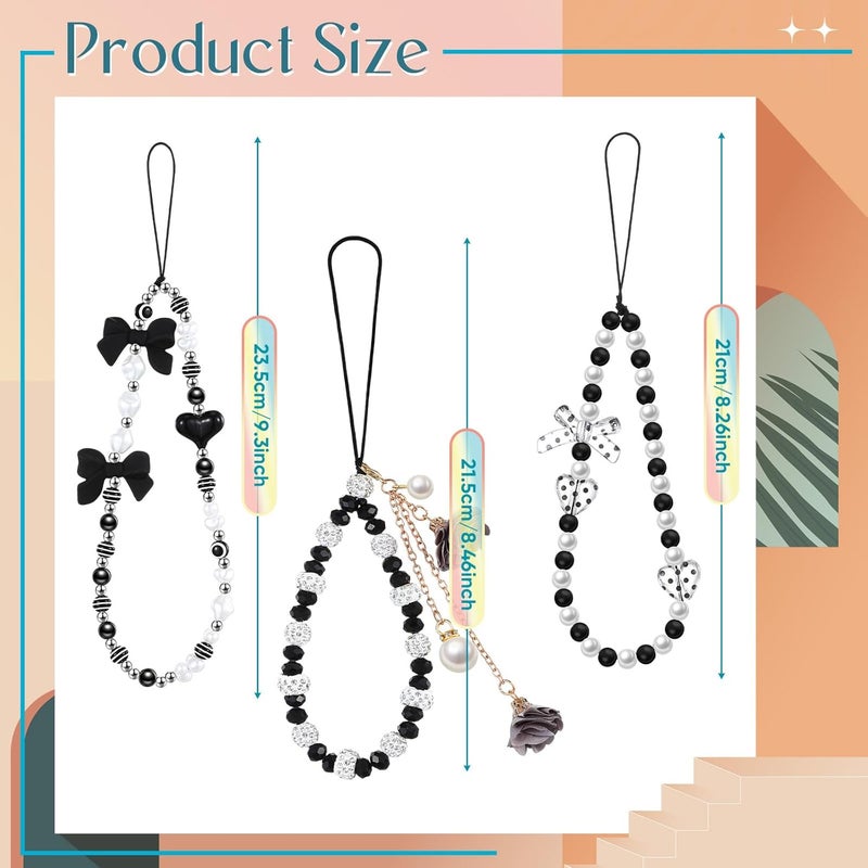Ecally Store 3 Pcs Phone Charms Strap Camera Charm Strap Pearl Beaded Butterfly Bow Flower Cute Phone Wrist Lanyard Bracelet for Camera Keychain Wallet Decor Valentine Gifts - Image 2